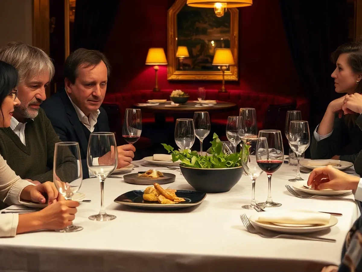 Adultes partageant un repas à une table de chêne sous une lumière tamisée.
