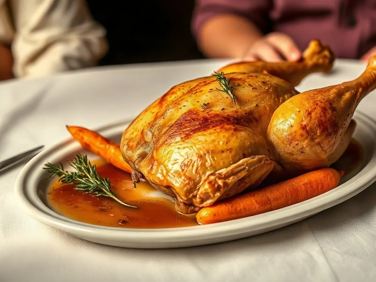 Volaille rôtie, carottes nouvelles et jus au thym sur une assiette ivoire.