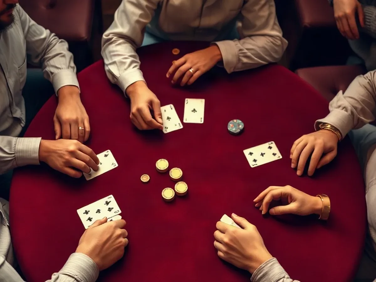 Adultes autour d’une table de poker, cartes et jetons symboliques sans valeur.