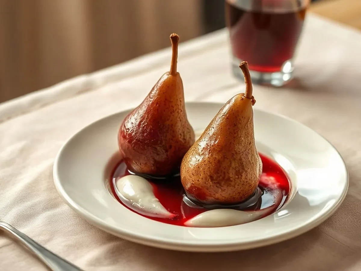 Poires pochées au vin rouge et crème légère à la vanille en grès ivoire.