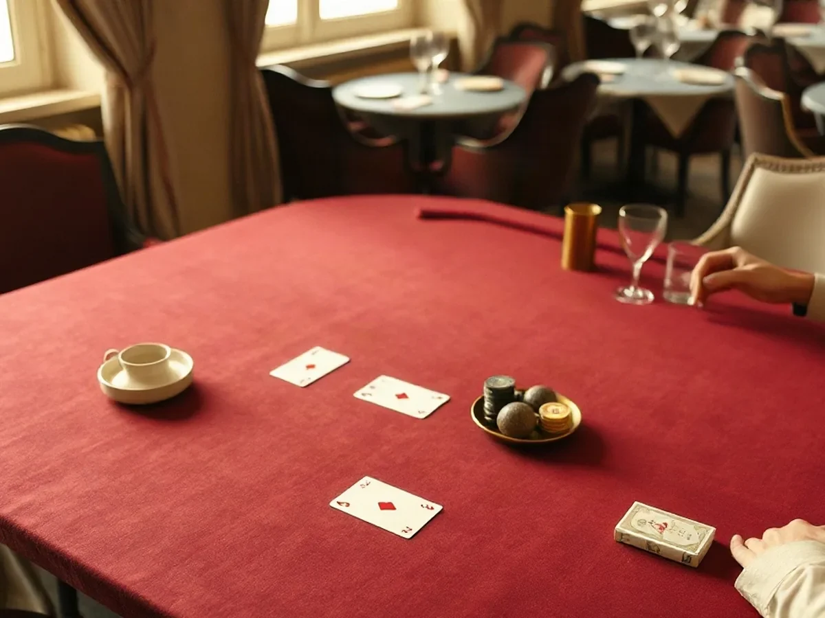 Table physique de poker en feutre grenat avec cartes et jetons symboliques sans valeur.