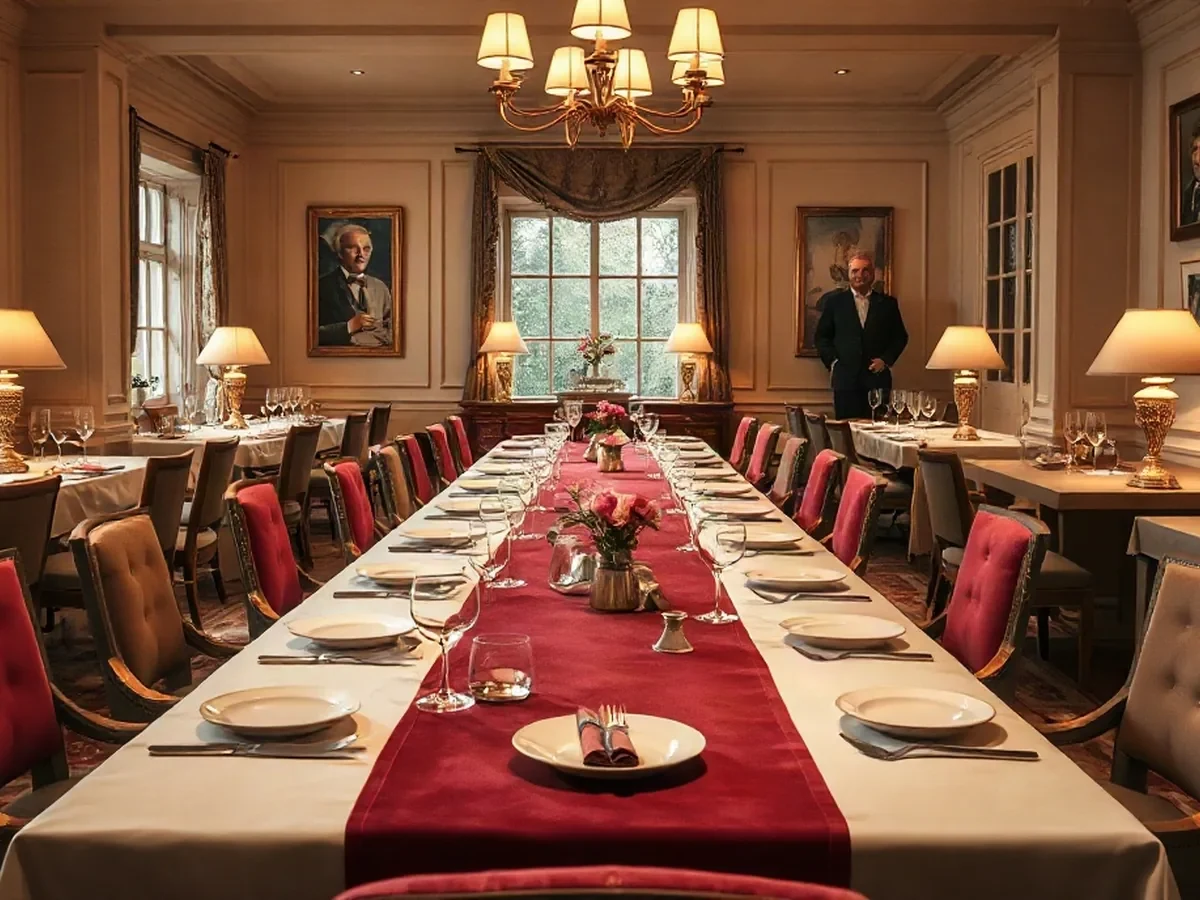 Salle aux tables de chêne pâle, velours grenat et lumière tamisée.