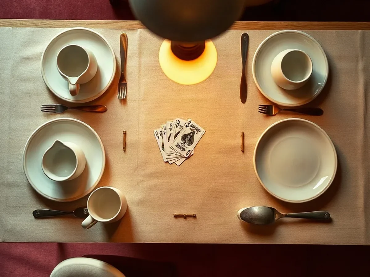 Détail de lin crème, grès ivoire, laiton brossé et quelques cartes.