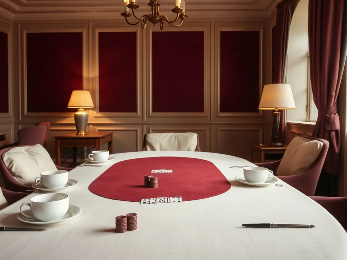 Salon calme aux matières assorties, table de poker en feutre grenat au fond.